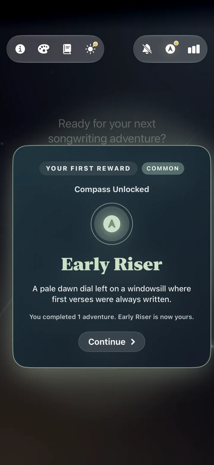 A first-reward card announcing the Early Riser compass after one completed adventure