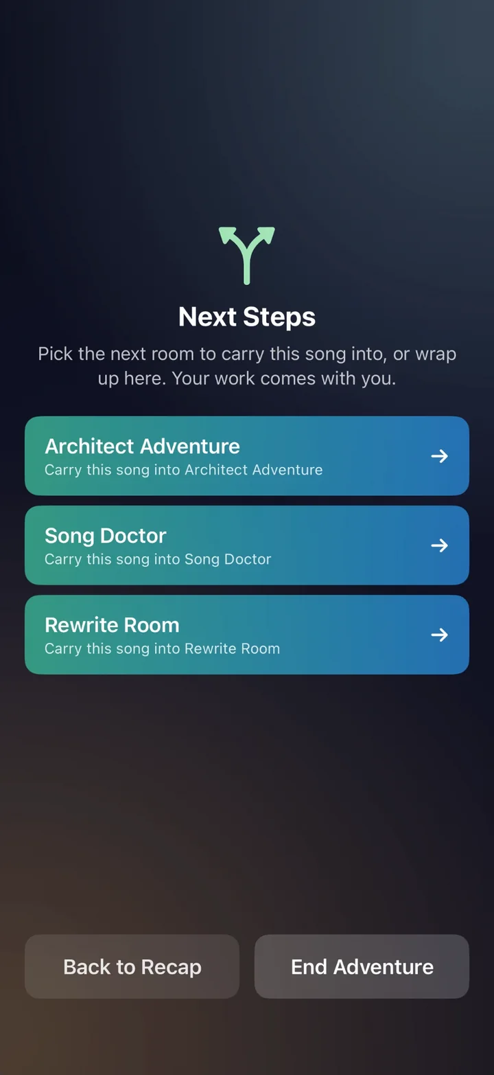 Next Steps screen offering Architect Adventure, Song Doctor, and Rewrite Room