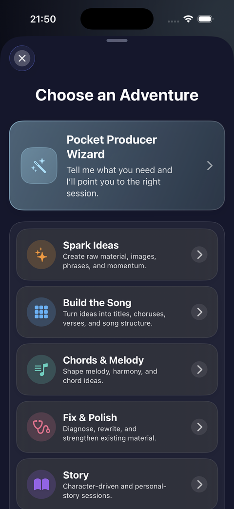 Choose an Adventure screen with the Pocket Producer Wizard card followed by the Spark Ideas, Build the Song, Chords and Melody, Fix and Polish, and Story families