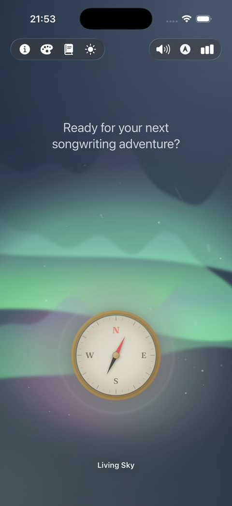 Home screen with the Living Sky atmosphere: an antique compass beneath green aurora light, asking Ready for your next songwriting adventure