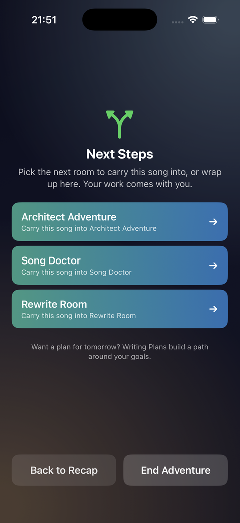 Next Steps screen offering to carry the song into Architect Adventure, Song Doctor, or Rewrite Room