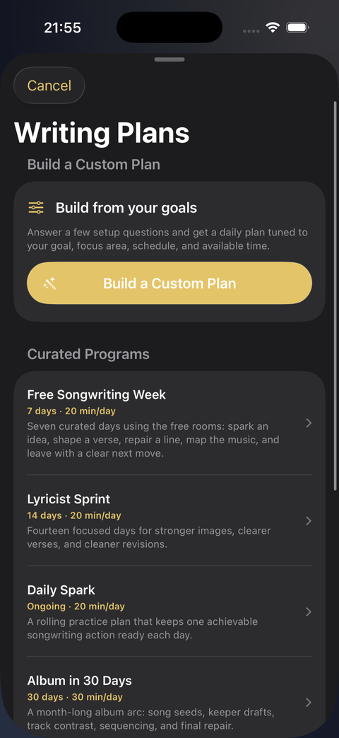 Writing Plans hub with Build a Custom Plan and curated programs like Free Songwriting Week and Album in 30 Days