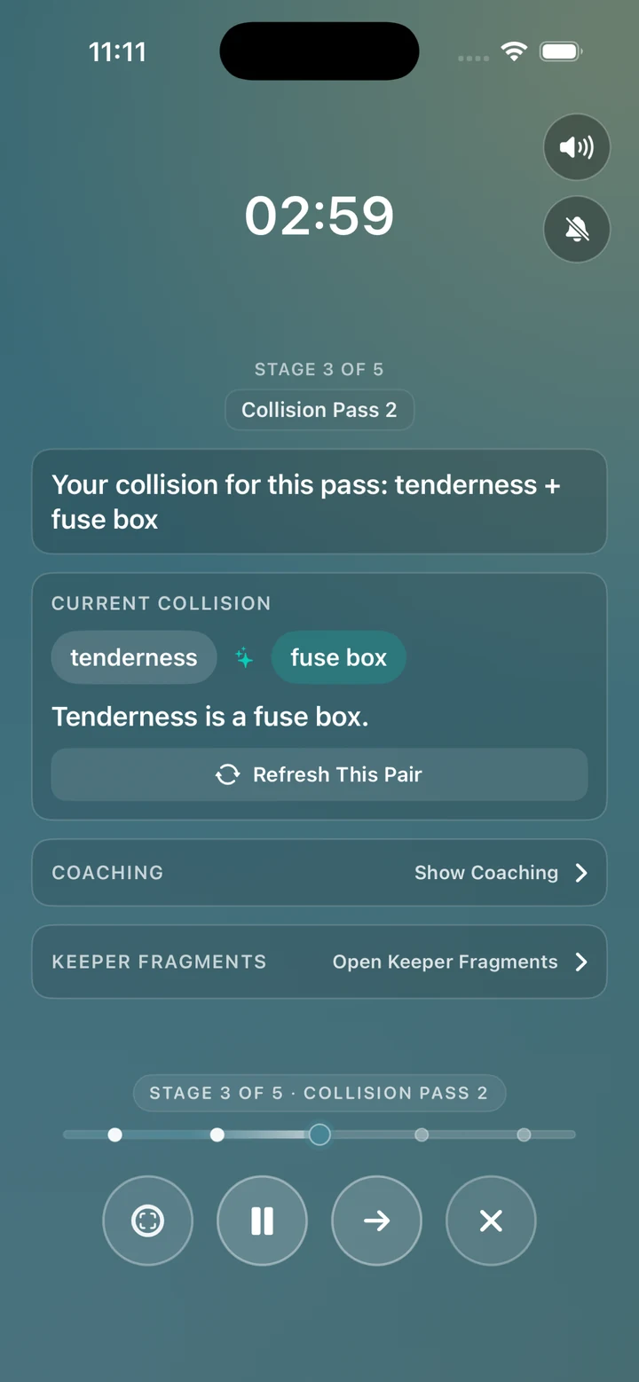A timed Metaphor Collider session connecting two fragments into new lyric material